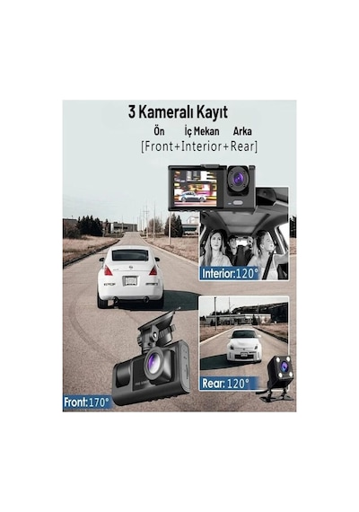 1080p 3 Kameralı Araç İçi Kamera Ips Ekranlı Ultra Geniş Açılı Gece Görüşlü G Sensörlü