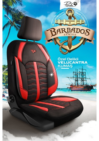 Siyah - Kırmızı Garni Panda Barbados Serisi Alkantra Kumaş Oto Koltuk Kılıfı - Tam Set