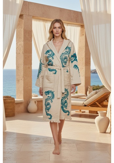 Varol Organik %100 Pamuk Kimono Yaka Sabahlık Bornoz - Viserion Turkuaz
