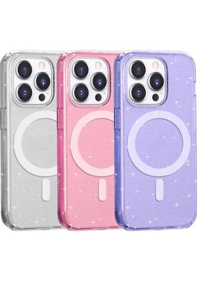 Apple Uyumlu iPhone 14 Pro Max Kılıf M-safe Şarj Özellikli Parlayan Simli Saydam Renkli Zore Allstar Kapak Mor