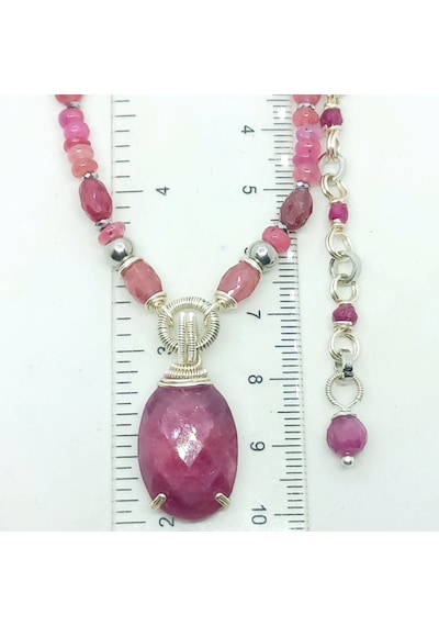 2846 Yakut Spinel Hematit El Yapımı Çelik Aparatlı Kolye 046 - Pembe