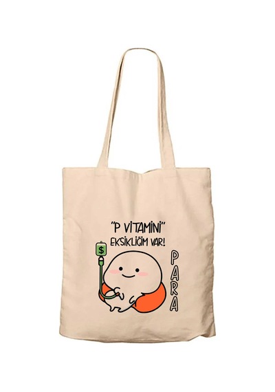 P Vitamini Eksikliği Ekru Fermuarlı Bez Çanta Gabardin
