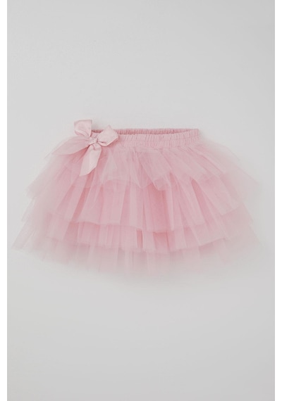 Breeze Kız Çocuk Tütü Etek Tül Detaylı Katlı Fiyonk Aksesuarlı 4-8 Yaş, Pembe Pembe
