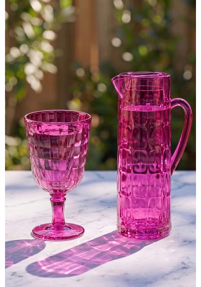 Akrilik Allegra Pembe 7 Parça Kadeh & Su Meşrubat Bardağı 450 Ml Ve Akrilik Allegra Pembe 1,5 Lt Sürahi Cam Değildir