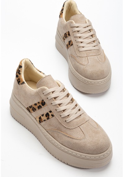 Bahrina Kadın Kalın Tabanlı Sneaker Bej Süet Leopar