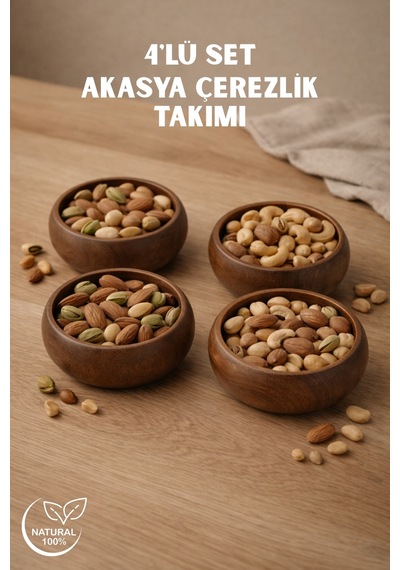 Akasya Model Ahşap Çerezlik 4 Lü Set Kahvaltı & Çerez Sunum Kasesi 9 Cm Kahverengi