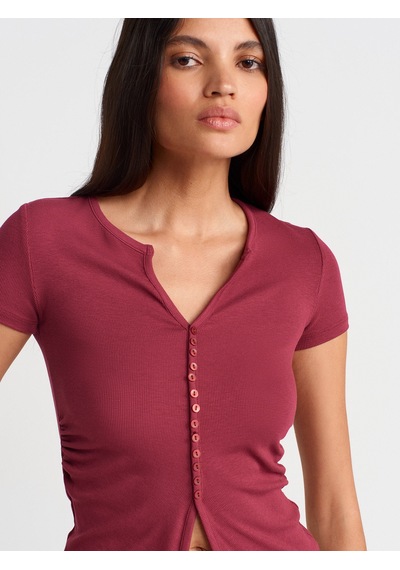 Dilvin 31838 Düğmeli Kısa Kollu Top-açık Bordo Açık Bordo