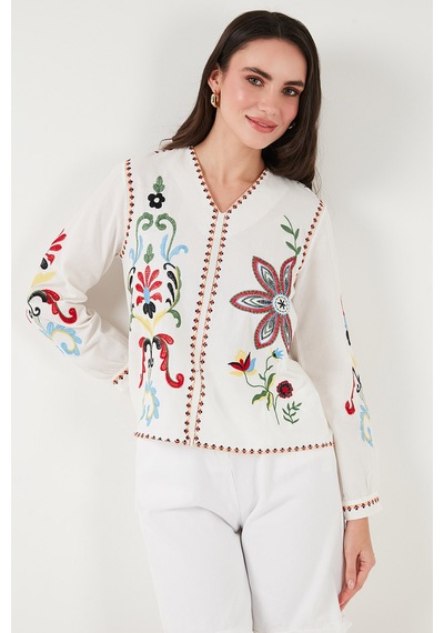 Lela Pamuklu Nakış Işlemeli Oversize Fit V Yaka Bayan Bluz 676254 Ekru