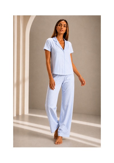 Fit Women Kadın Kısa Kol Rahat Kalıp Şık Mavi Pijama Takımı