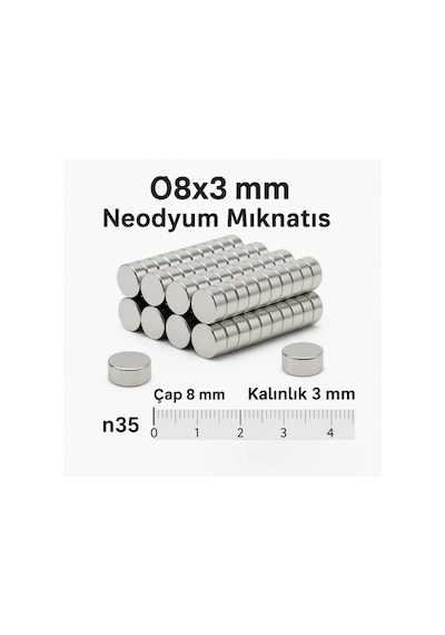 10 Adet 8x3mm Yuvarlak Neodyum Mıknatıs Güçlü Nikel Kaplamalı Kaliteli Dayanıklı Magnet