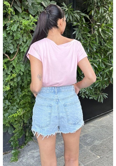 Kadın Pembe Yarım Kol, Geniş Yaka, Tek Cepli, Beli Lastikli Rahat Crop Bluz Pembe
