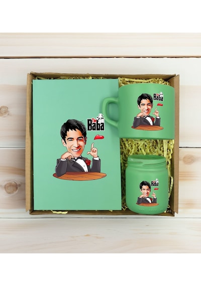 Bk Gift Kişiye Özel Dtf The Baba Karikatürlü Yeşil Defter + Kahve Fincanı + Mum Seti 2