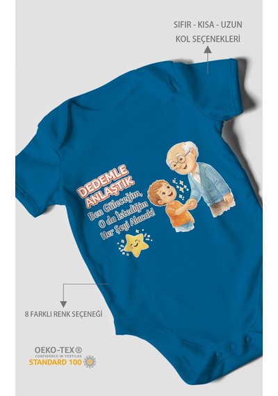 Morivokids Dedeye Özel Kısa Kollu Bebek Body %100 Pamuk Koyu Mavi