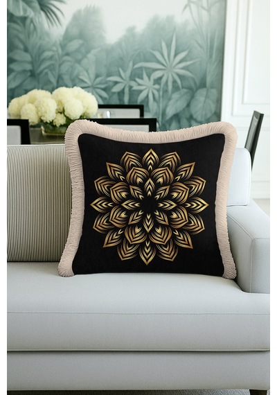 Lüks Mandala Saçaklı Yastık Kılıfı - Geometrik Bohem Siyah Altın Renkli Püsküllü Kırlent Kılıfı Canlı Yağmur Bej Lüks Mandala Saçaklı Yastık Kılıfı - Geometrik Bohem Siyah Altın Renkli Püsküllü Kırlent Kılıfı Canlı Yağmur Bej