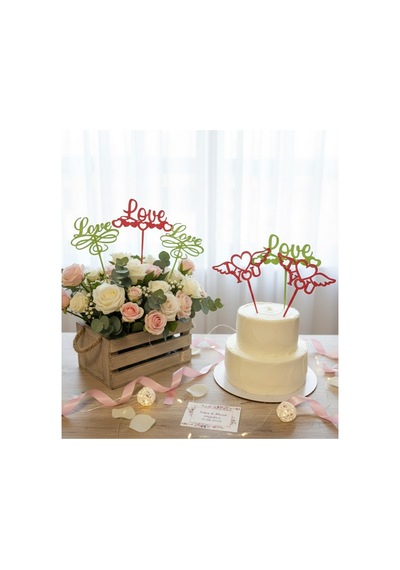 Lazer Kesim Ahşap Kalp Ve Love Temalı Pasta Ve Çiçek Süsü - 10 Adet, 11 Cm & 13 Cm