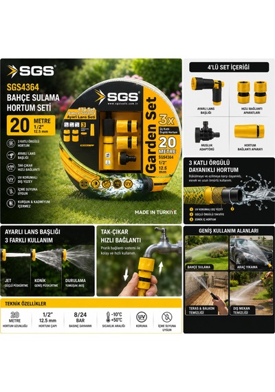 Sgs Sgs4364 Bahçe Sulama Hortumu Seti 20 Metre 1/2 Örgülü Hortum 4 Lü Ayarlı Lans Seti