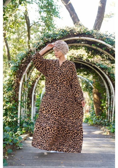 Polologin Butik Leopar Desenli Uzun Spor Tesettür Elbise Kahverengi