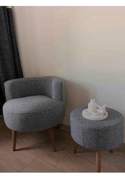 Çay Seti Tekli Koltuk Berjer Ve Puf Takımı Salon, Balkon, Ofis 2 Li Takım Gri Keten