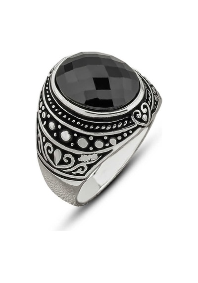 Gümüş Siyah Zirkon Taşlı Oval Erkek Yüzük T8453