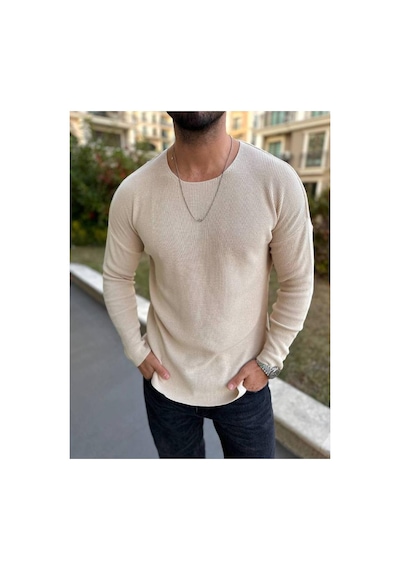 Elku Moda Kazak Oversize Örme Natural Pamuk Tüylenmeyen Kazak Salaş Tarz Triko Sweatshirt Dökümlü Model Açık Bej