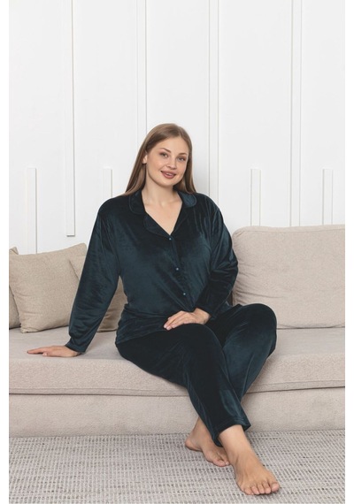 Büyük Beden Boydan Düğmeli Kadife Pijama Takımı Koyu Yeşil