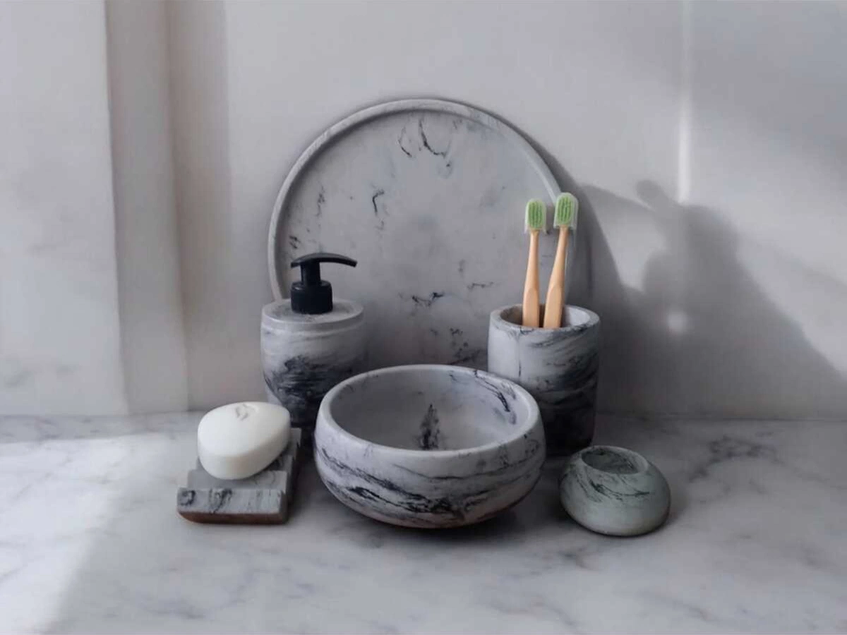 Mermer Desen Antrasit Beton Banyo Seti,tepsi,sıvı,katı Sabunluk,havluluk,mumluk Antrasit