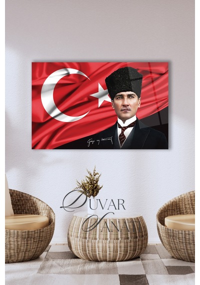 Atatürk Portre Ve Türk Bayrağı Yatay Cam Tablo Evlika, Modern Duvar Dekoru , Kurum Ofis İş Hediyelik Tablo