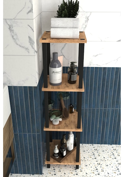 Viva 4 Katlı Çok Amaçlı Banyo Rafı Metal Ayaklı Organizer- Meşe Kahverengi