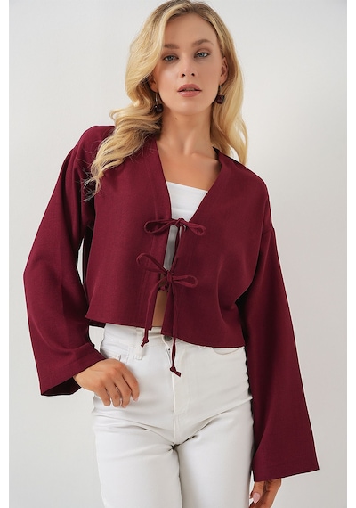 Hiccup Bdart Keten Karışımlı Bağlama Detaylı Uzun Kollu Kimono Bordo - Kırmızı