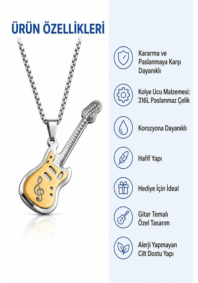 Paslanmaz Çelik Gitar Kolye Gold Gümüş Renk Sol Anahtarı Tasarım Gitar Kolye Altın - Gümüş