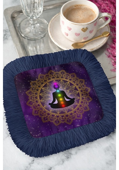 Mandala Saçaklı Sunum Peçetesi - Meditasyon Temalı Bohem Mor Lacivert Bardak Altlığı Mendil Çok Renkli