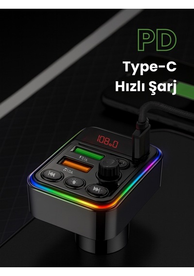 Bluetooth Araç İçi Fm Transmitter Pd + 3.1a Hızlı Şarj Çift Usb Rgb Led Ekranlı Müzik Çalar