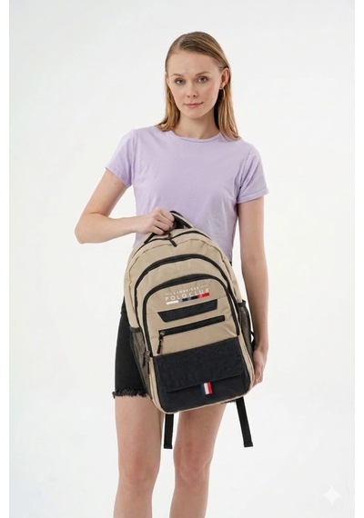 Cambridge Polo Club Minimalist Tasarım Unisex Çok Gözlü Sırt Çantası Bej