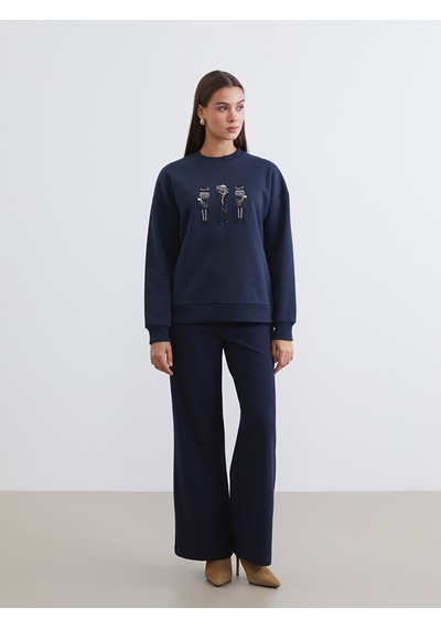 Lcw Modest Lacivert İşlemeli Kadın Kalın Sweatshirt Tunik