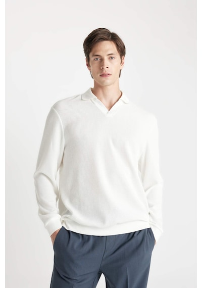 Defacto Regular Fit Polo Yaka Jakarlı Triko Sweatshirt A9785AX24AUWT32 Beyaz