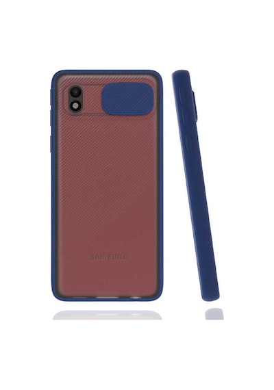 Noktaks - Galaxy Uyumlu A01 Core Uyumlu - Kılıf Slayt Sürgülü Arkası Buzlu Lensi Kapak - Lacivert - T16854 Lacivert