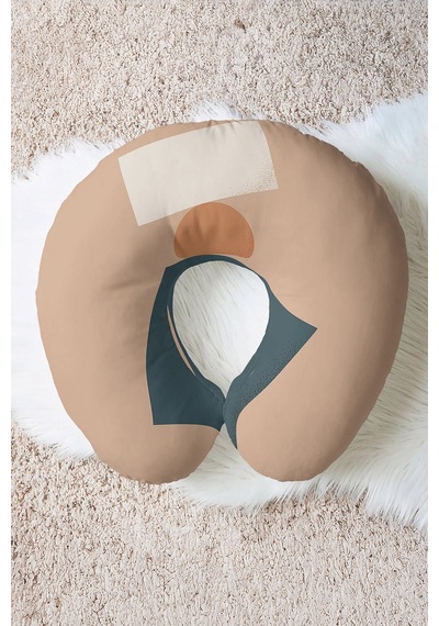 Soyut Geometrik Desenli Ergonomik Boyun Yastığı - Modern Minimal Bej Lacivert Seyahat Yastığı Sedefli Gece Mercan