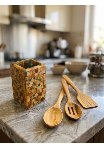 El Yapımı Zeytin Ağacı Mutfak Gereçleri Seti - Kaşık, Spatula, Oluklu Kaşık Ve Epoksi-zeytin Ağacından Yapıl