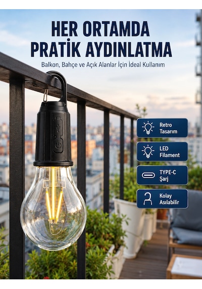 Kargo Şarjlı Dekoratif Kamp Lambası Askılı Ampul Led Işık Type-c Girişli Najmaddin Çok Renkli