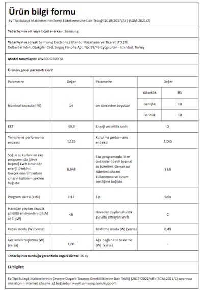 Samsung DW60DG560FSR 6 Programlı 14 Kişilik Bulaşık Makinesi