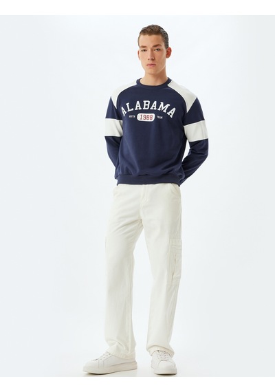 Koton Kolej Baskılı Sweatshirt Bisiklet Yaka Renk Bloklu Pamuklu Lacivert 5wam70181mk Lacivert