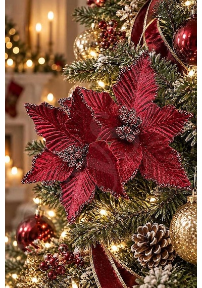 Yılbaşı Ağacı Süsü Bordo Ata Çiçek 14 Cm 2li Diğer
