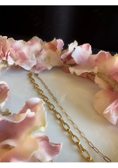 Sevgili Takı İkili Paperclip Ataş Gold Çelik Zincir Bileklik Metoo Serisi Gold