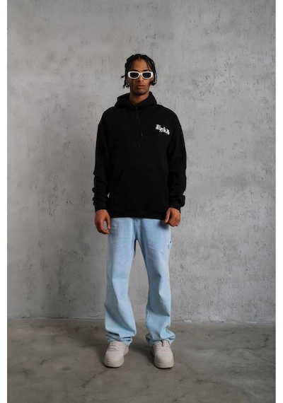 Erkek Kapüşonlu Kanguru Cepli Sweatshirt 3 İplik Pamuklu Baskılı Hoodie - Siyah