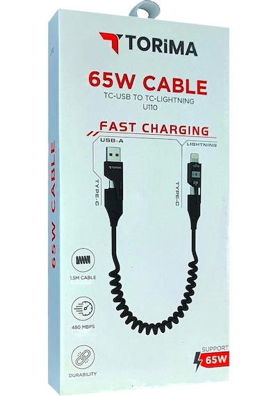 Torima Çok Amaçlı 65w Spiral Kablo Apple Uyumlu iPhone, Android Ve Type-c 4 Başlık Bir Arada U110