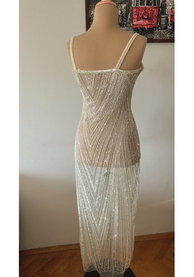 Chica Rosa Fashion Pudra Sarı Taşlı Kristal Abiye Elbise