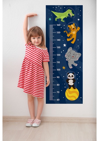 Sevimli Hayvanlar Uzayda Temalı Dekoratif Çocuk Boy Ölçer Sticker Duvar Cetveli Takip Çizelgesi