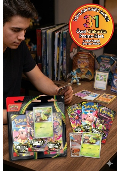 Pokemon Orjinal Lisanslı Tcg Mega Evolution Perfect Order 3 Paket Blister Chikorita Promo 31 Kart
