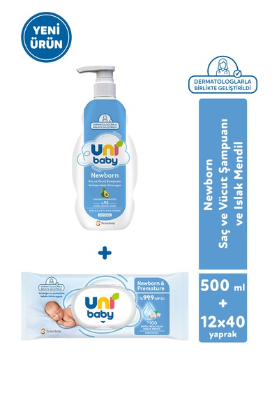 Uni Baby Newborn & Premature Yenidoğan Şampuanı 500 Ml + Yenidoğan Islak Mendili 12x40 480 Yaprak 2'li Set