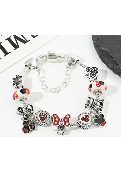 Yeni Tarz ,disney Mickey Minnie Mouse Temalı , Sevgi Charmlı Bileklik, Ahşap Kutu İçerisinde Gümüş Gümüş